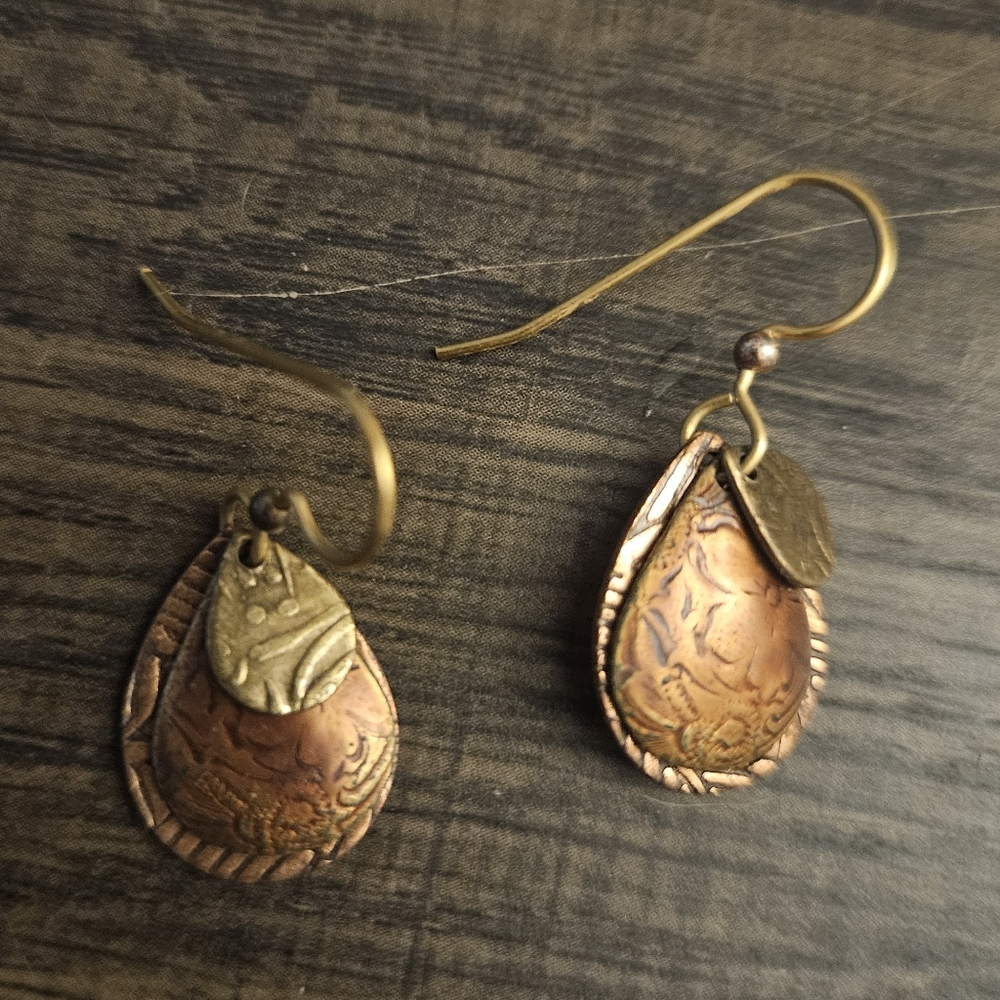 Textured Copper and Brass Teardrop Layered Earrings